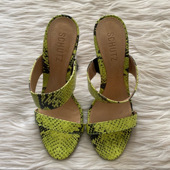 Schutz Neon Yellow Snake Print Leather Open Toe Heels - Picture 2 of 9